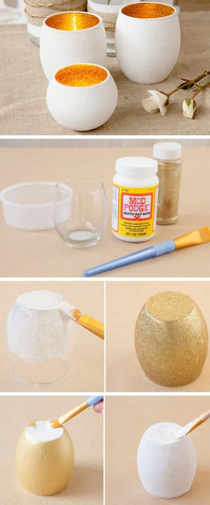 glass vase, painted with gold glitter and white, crafty christmas gifts, diy tutorial, candle holders