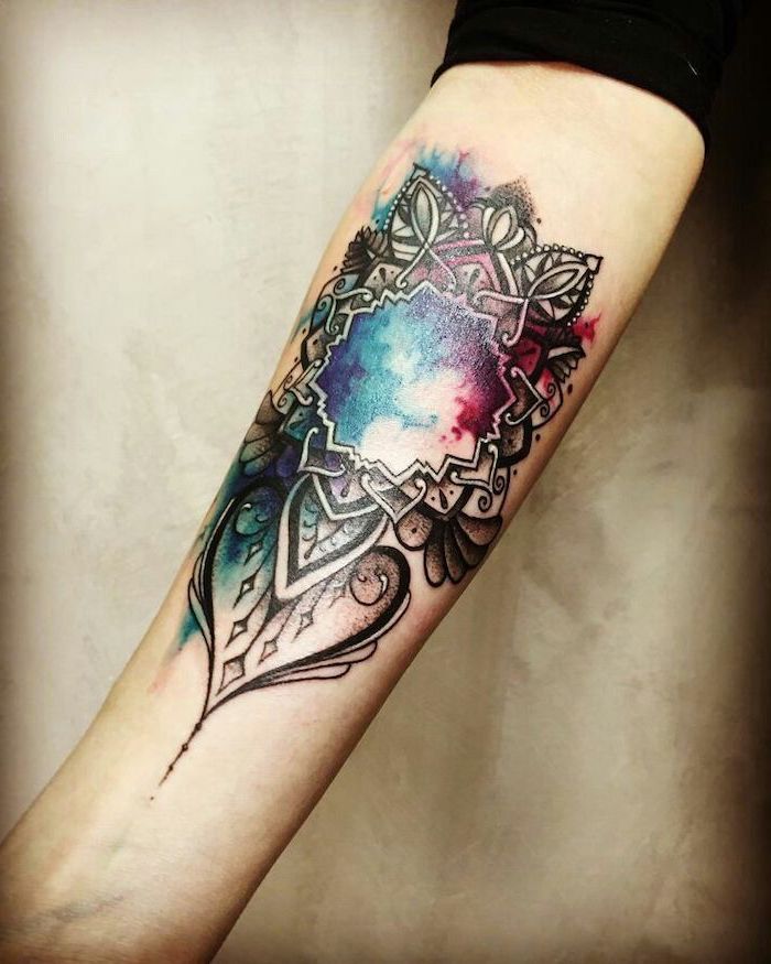 watercolour tattoo, forearm tattoo, mandala tattoo, white background, black top