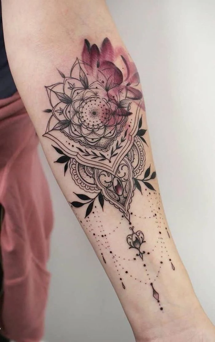 watercolour forearm tattoo, mandala wrist tattoo, white background