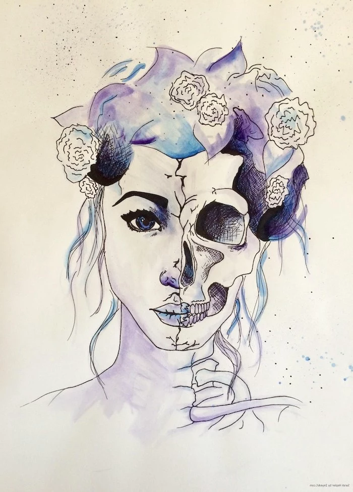 split art, half woman, half skull, watercolour painting, how to draw step by step for beginners, pencil outline