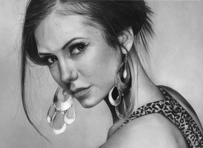 black and white, pencil sketch, step by step drawing, nina dobrev portrait