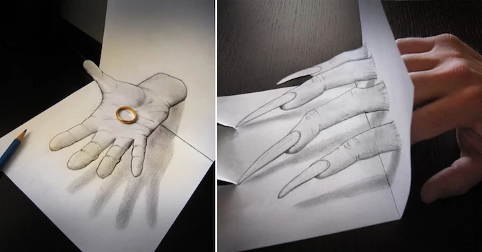 side by side photos, of hands, 3d art, cool easy drawings, black and white, pencil sketches