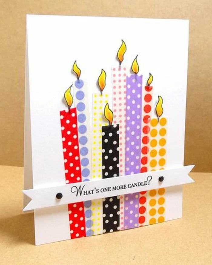 what's one more candle, funny bday cards, colourful candles, made out of washi tape, white card stock