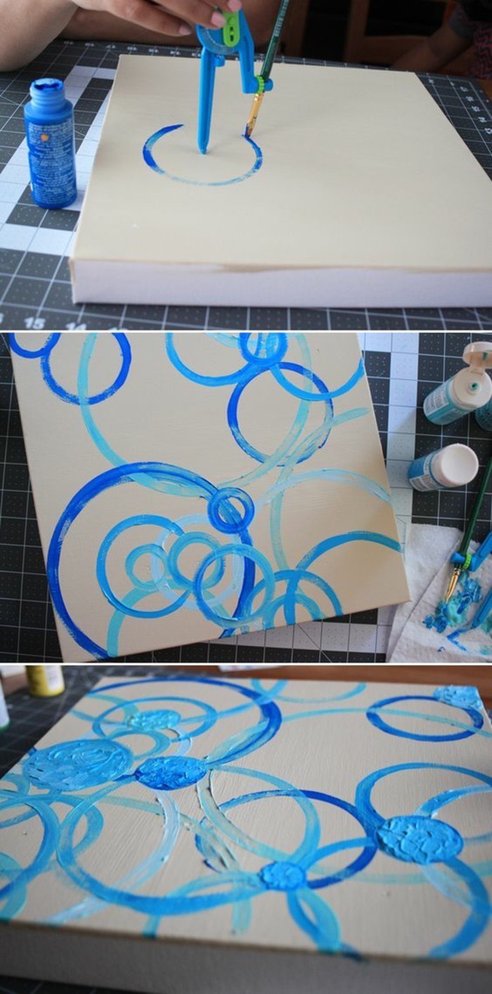 white canvas, blue paint, large wall art ideas, blue circles intertwining, step by step, diy tutorial