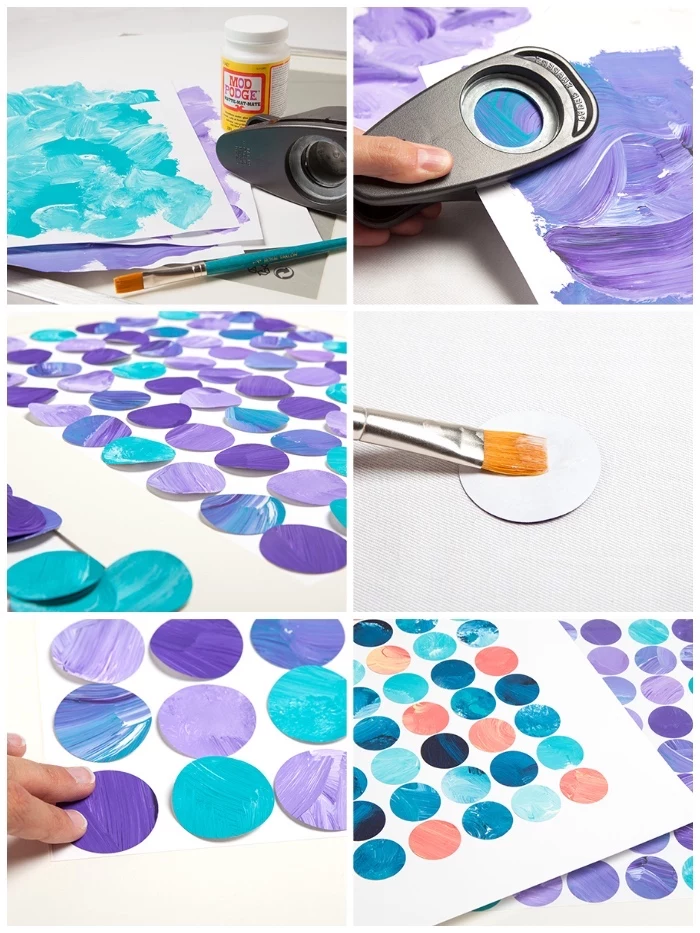 large wall decor ideas, blue and purple circles, large wall decor ideas, step by step, diy tutorial