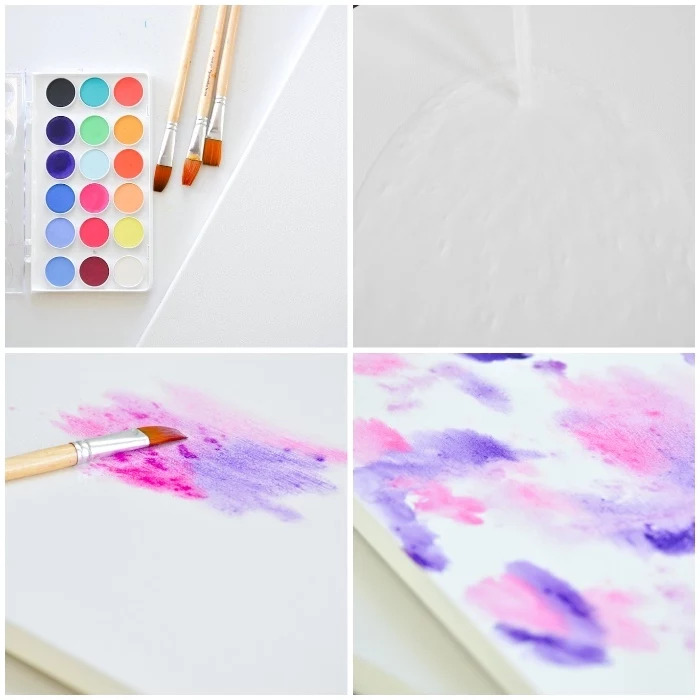 step by step, diy tutorial, pink and purple paint, on a white canvas, large wall decor ideas