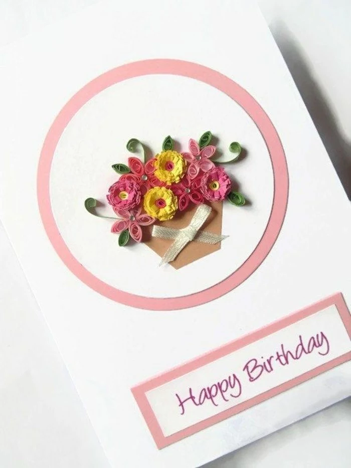 white card stock, small flower bouquet, made of paper, inside a vase, with white bow, funny bday cards