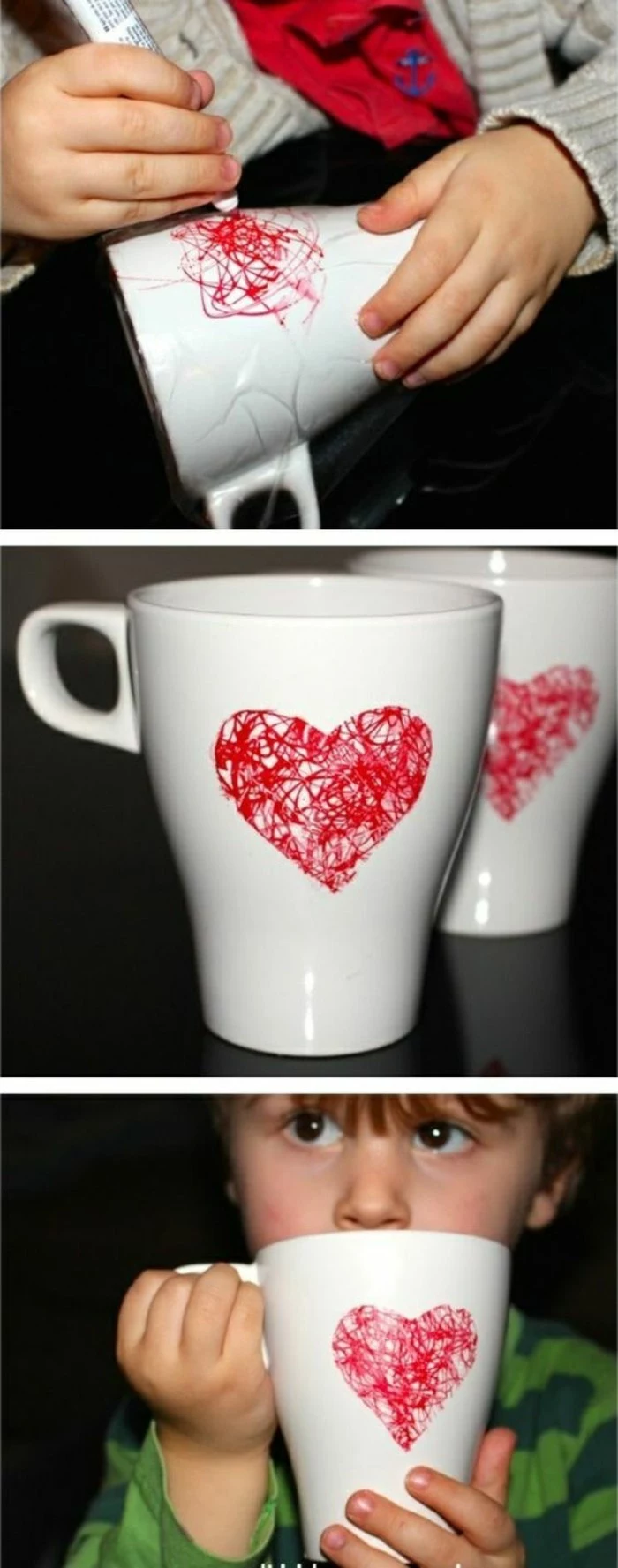 creative homemade gifts, white coffee mug, red heart, kid drawing on the mug, diy tutorial