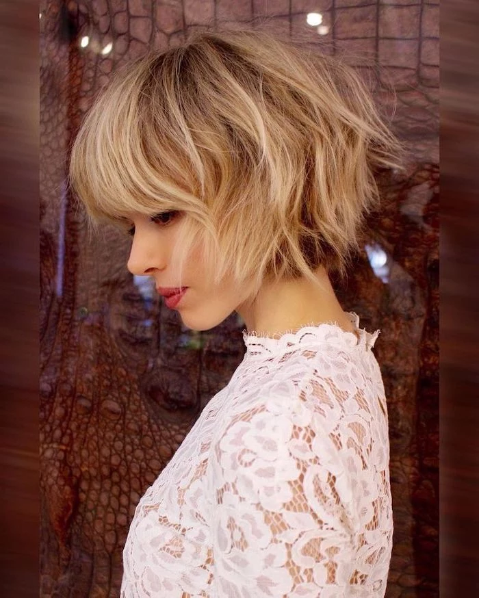 short length hairstyles, white lace dress, blonde hair with bangs, with highlights
