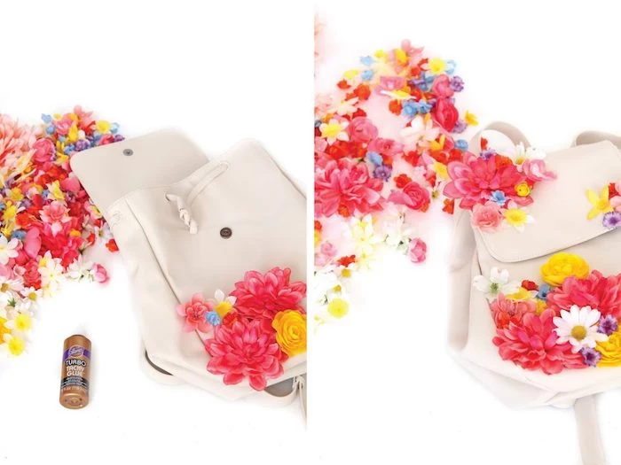 white leather backpack, colourful faux flowers, glued to it, homemade christmas gifts, diy tutorial
