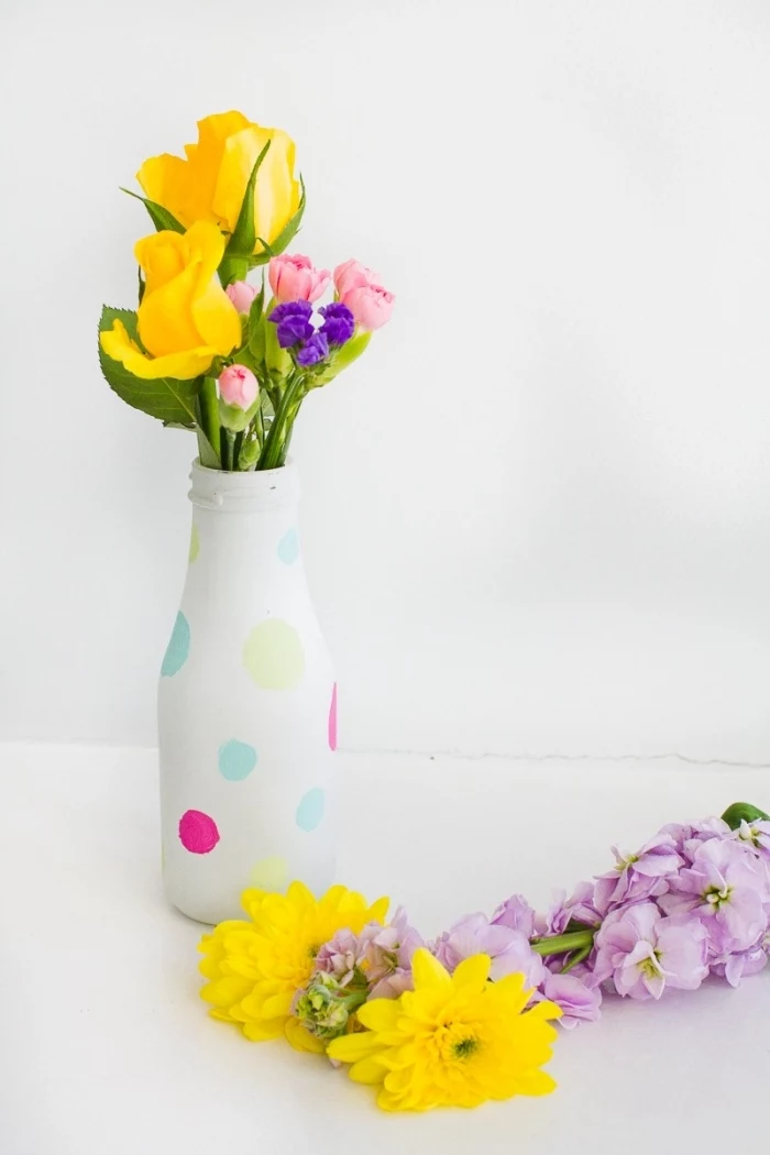 glass bottle jar, painted in white, fall table decorations, flower bouquets, painted colourful dots