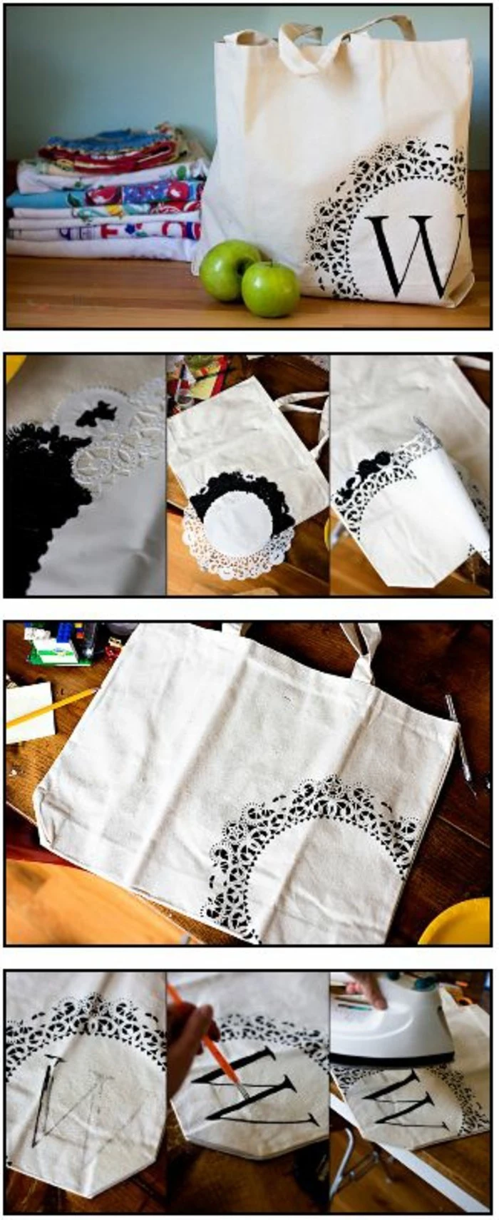 white shopping bag, letter w, black decoration, painted on it, creative homemade gifts, diy tutorial
