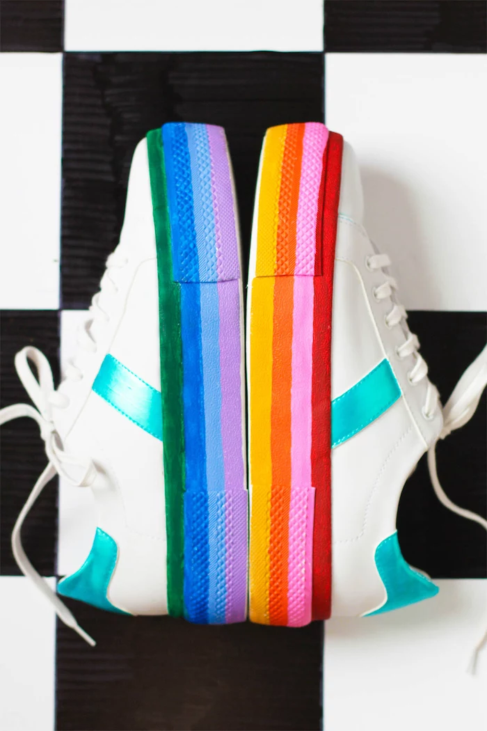 white sneakers, rainbow coloured soles, unique gifts for boyfriend, black and white, tiled background