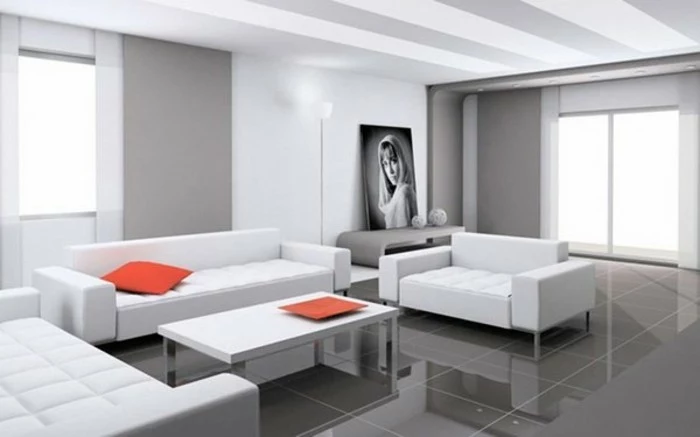 white sofas, white and grey walls, beautiful living rooms, orange throw pillow and tray