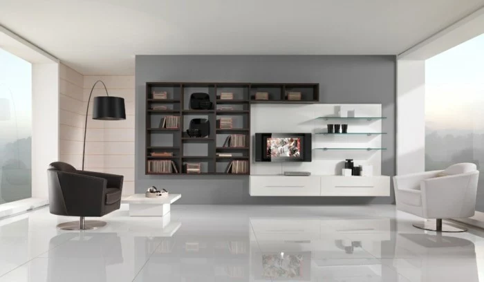 wooden bookshelf, nice living rooms, black and white, leather armchairs, white tiled floor, minimalist design