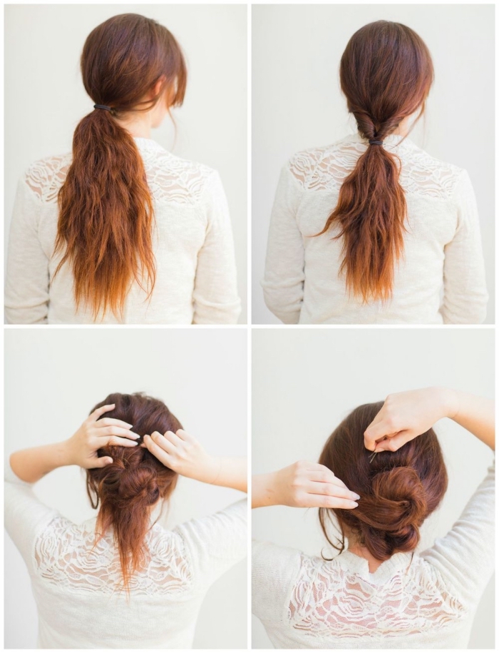 step by step, diy tutorial, hairdos for long hair, ginger hair, in a low messy updo, white lace top