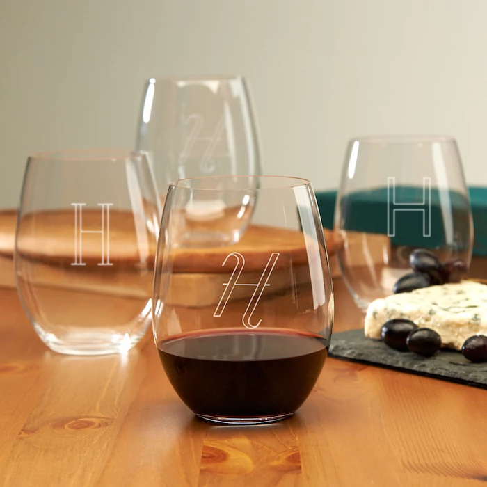 personalised wine glasses, with initials, house warming present, wooden table, cheese board