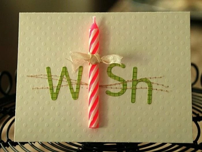 pink candle, wish inscription, white card stock, birthday card ideas for friend, green letters