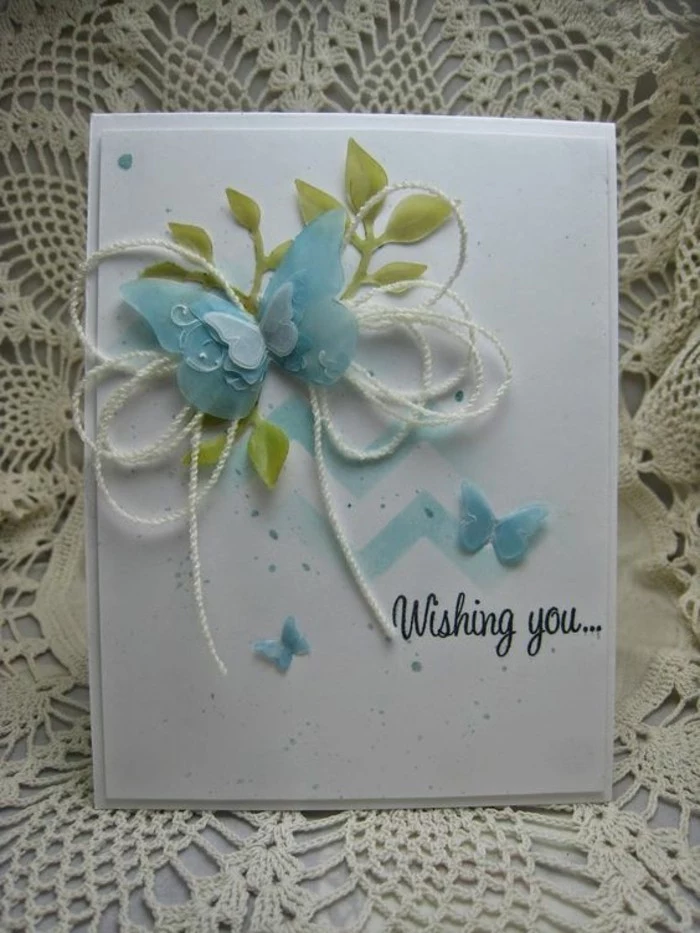 blue butterflies, green leaves, on white card stock, birthday card ideas for friend