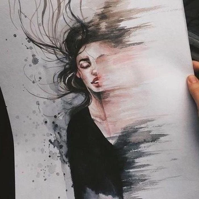 woman melting away, how to draw step by step for beginners, watercolour painting, long black hair