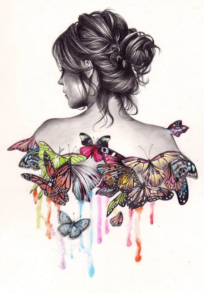 woman with a messy bun, colourful butterflies, fun and easy things to draw, white background