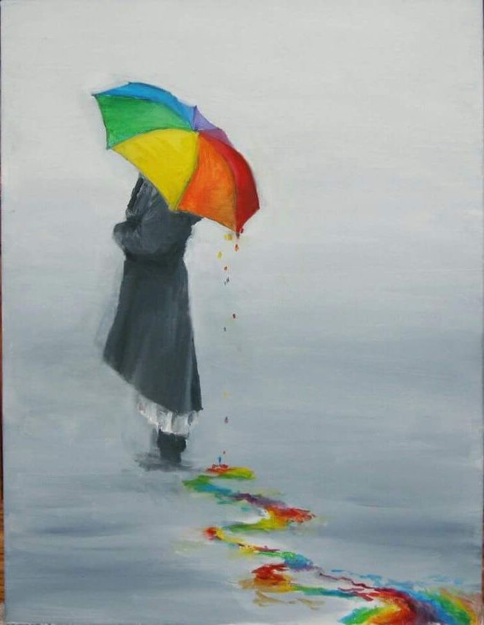 woman standing, with a colourful umbrella, long black coat, fun and easy things to draw, things to draw when bored step by step