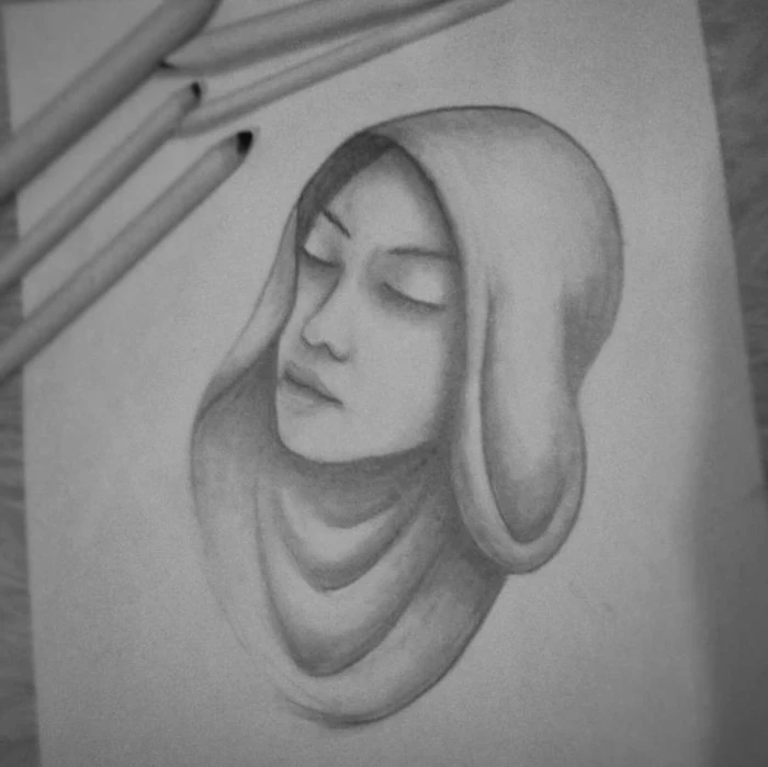 woman with a headscarf, pencil sketch, in black and white, step by step drawing