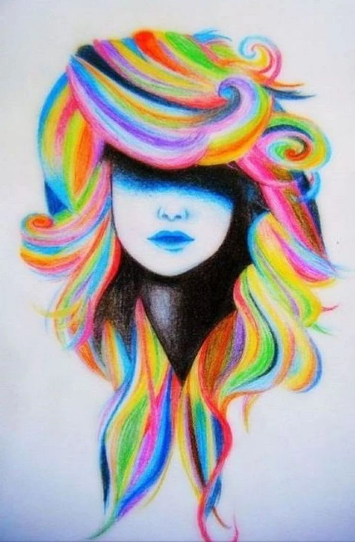 fun and easy things to draw, rainbow coloured hair, pencil drawing, female face, white background
