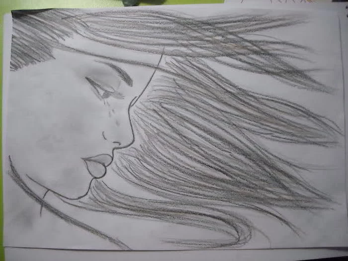 female face, long flowing hair, fun and easy things to draw, black and white, pencil sketch