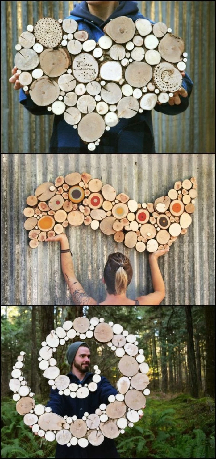 small wooden blocks, tree pieces, forming different shapes, large wall art ideas, side by side pictures