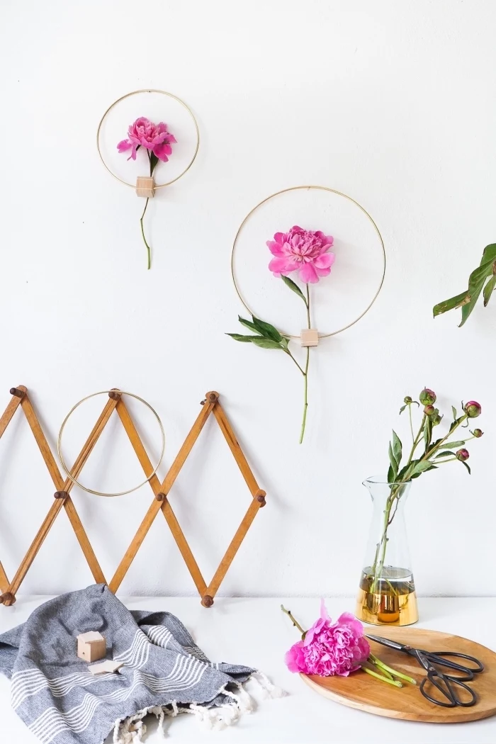 diy wall decor, wooden and metal, flower frame, wooden board, scissors and flowers on top