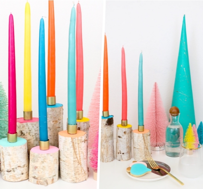 colourful candles, small blocks of wood, painted in different colours, centerpiece ideas