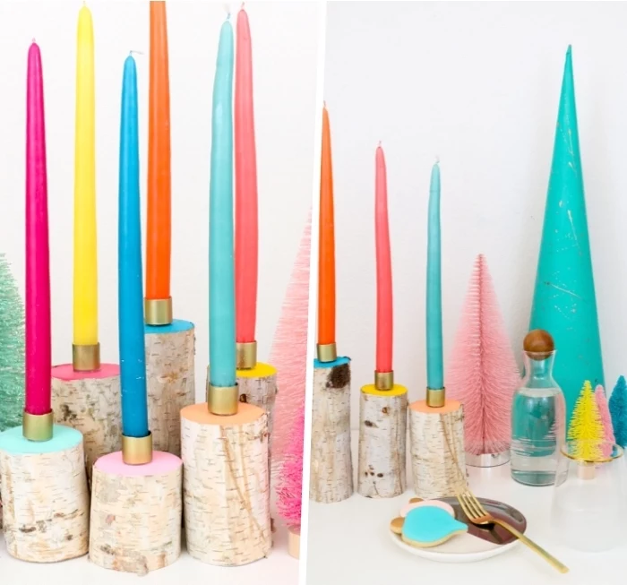 colourful candles, small blocks of wood, painted in different colours, centerpiece ideas
