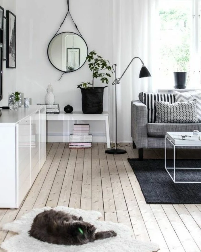 cat sleeping on a white rug, nice living rooms, grey sofa, white metal coffee table, wooden floor