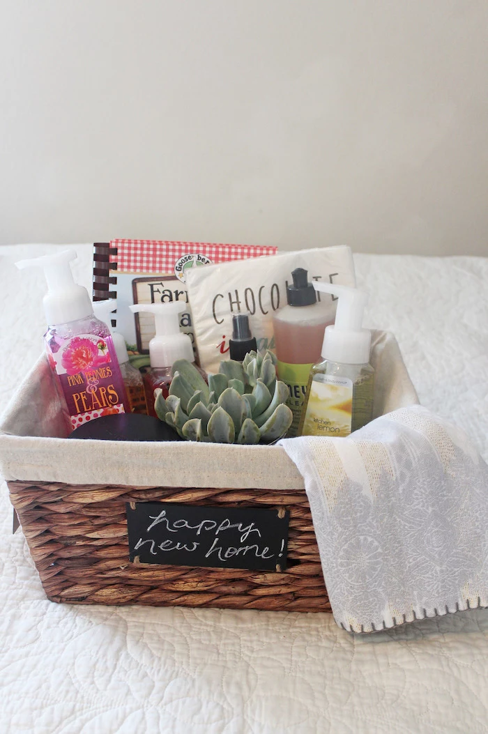 diy gift basket, wooden basket, good housewarming gifts, white background
