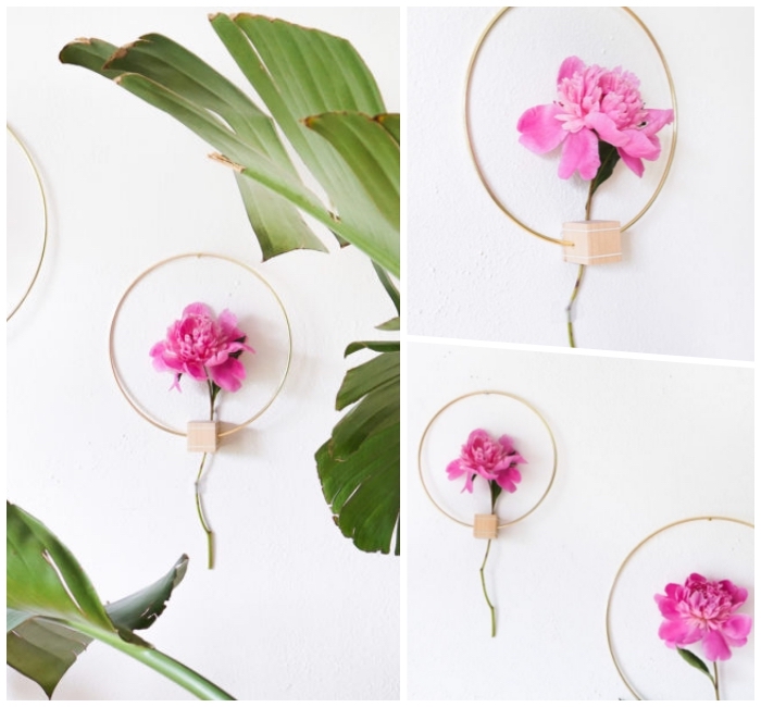 metal and wood, flower frames, hanging on a white wall, diy wall decor, large palm leaves