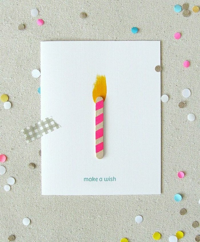 make a wish, pink candle, made of a wooden stick, birthday card ideas for friend, colourful confetti