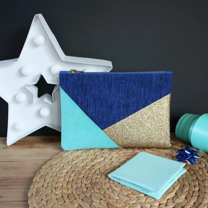 art and craft ideas for adults, denim velvet and gold glitter, clutch bag, white star with lights
