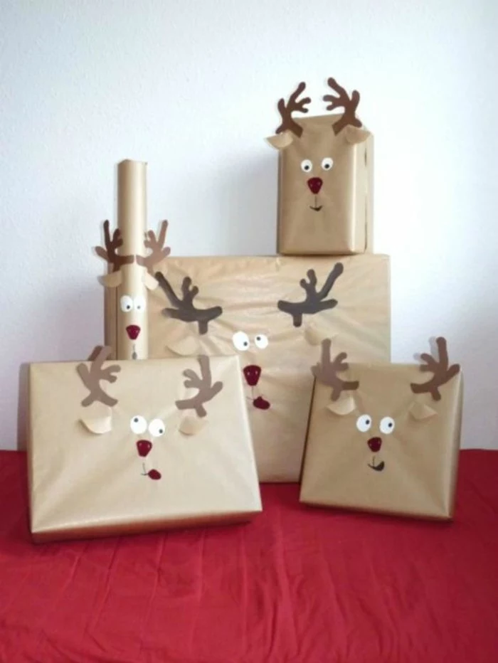 brown wrapping paper, deer drawn on the packages, art and craft ideas for adults, red blanket