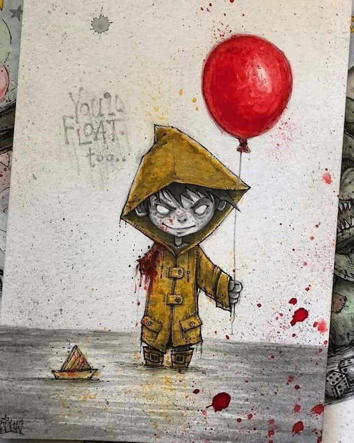 you'll float too, it movie inspired, cute easy things to draw, georgie as a zombie, coloured pencils drawing