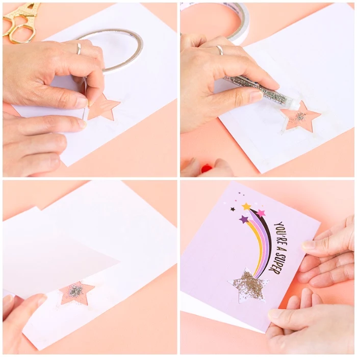 silver glitter, pink card stock, birthday cards for friends, step by step, diy tutorial, shooting star