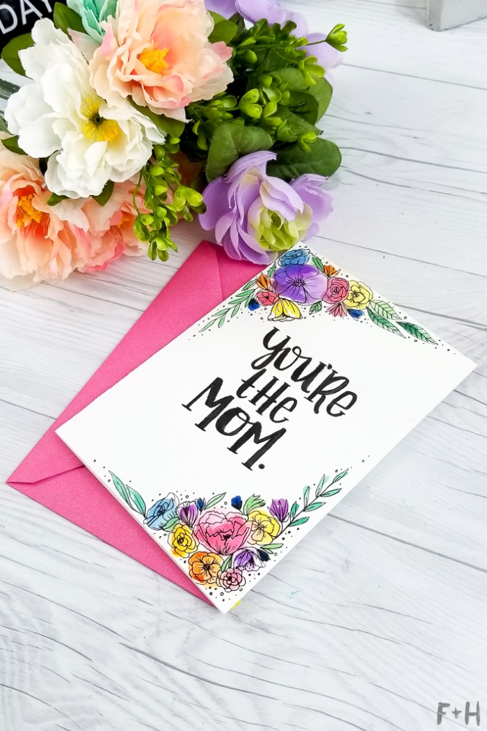 you're the mom, greeting card, funny birthday cards, pink envelope, white card stock, flower bouquet