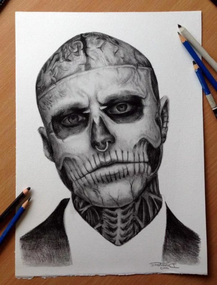 cool easy drawings, zombie boy portrait, black and white, pencil sketch, white background