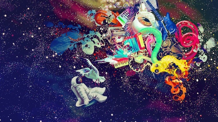 abstract drawing, floating astronaut, iphone wallpaper tumblr, colourful items, starry sky
