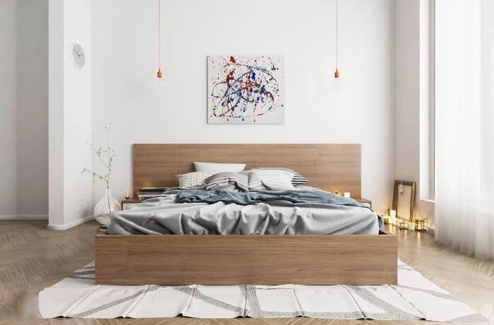 abstract art, wooden bed frame, bedroom ideas for women, wooden floor, white carpet