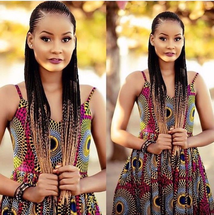 straight back braids, woman wearing african print dress, black and blonde ombre hair