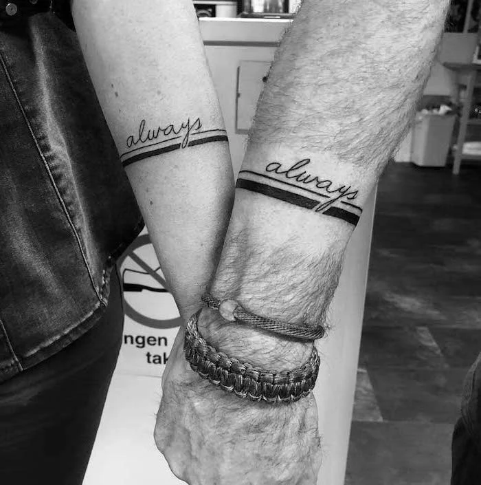 always arm tattoos, black lines, matching tattoo ideas, black and white photo
