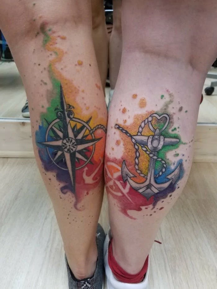 matching tattoo ideas, watercolour back of leg tattoo, anchor and compass, wooden floor