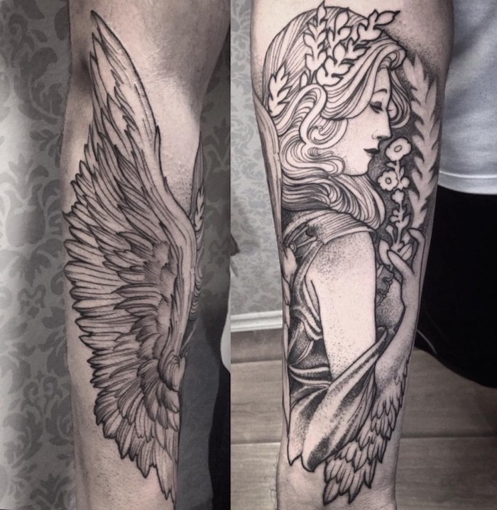 angel with wings, small tattoos for men, side by side photos, grey background
