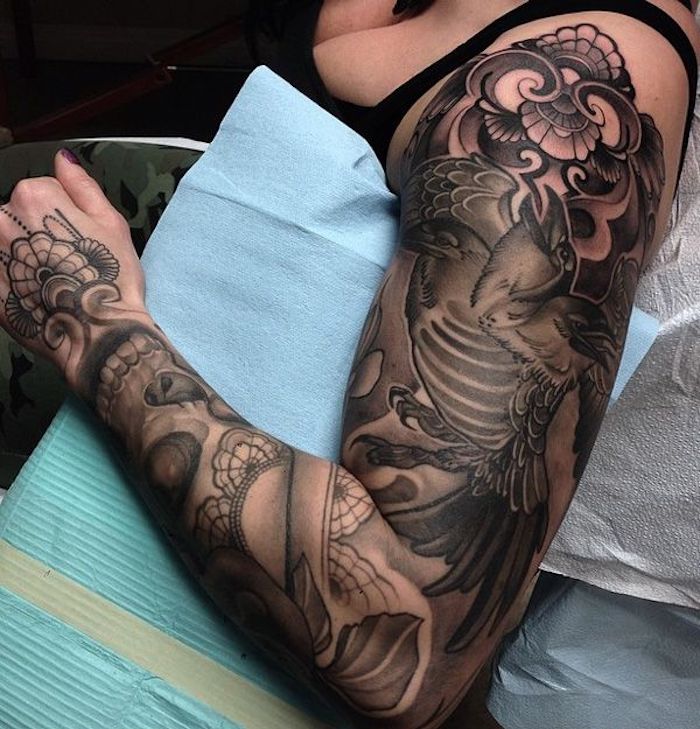 bird and skull, arm sleeve tattoo, tattoo ideas for women, blue paper